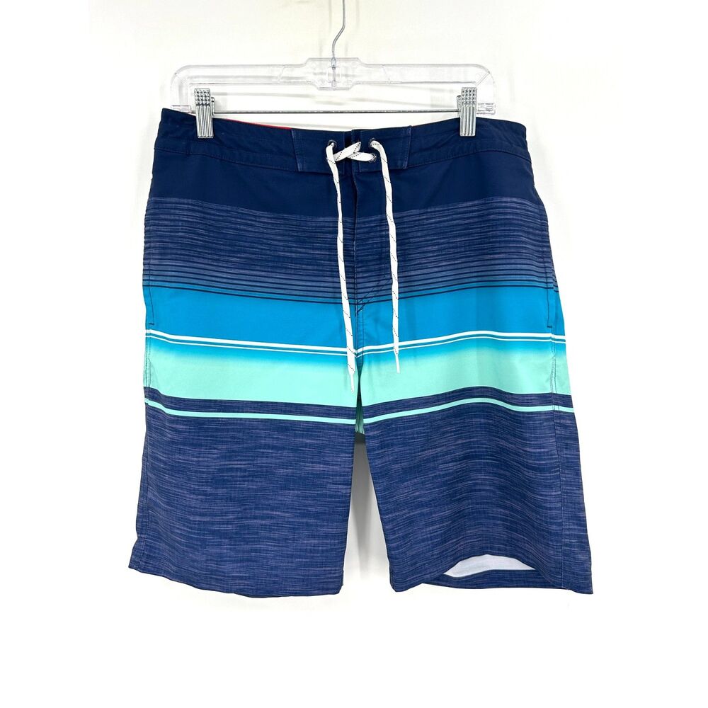 GOODFELLOW & CO Men's Striped Ombre Board Swim Shorts Drawstring Blue Teal 32
